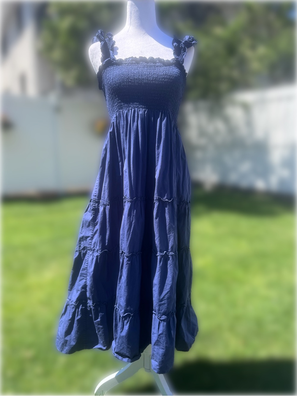 Hill House Navy Smocked Ruffle-Strap Tiered Midi Dress